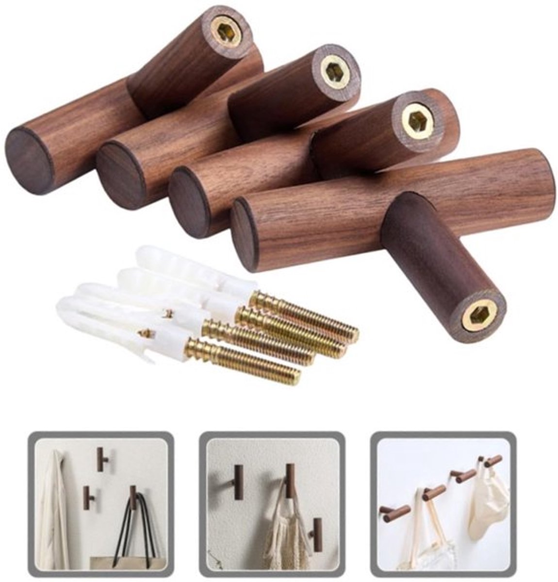 4 Stuks Houten kapstokhaak met schroeven - Wandhaak - Jashaak - Natuurlijke Houten Wandkapstok - Muurmontage