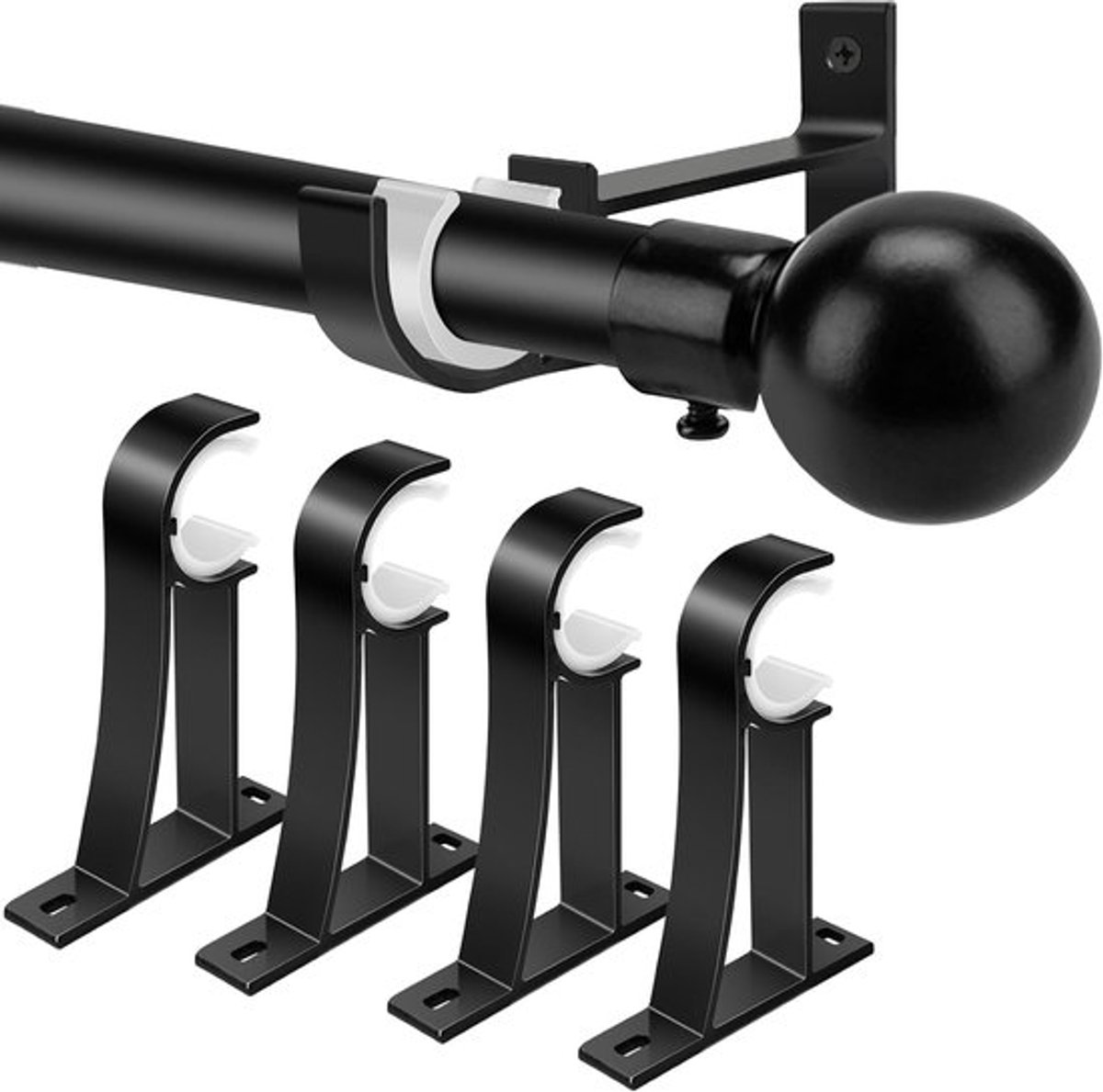 4-pack gordijnroedebeugels, robuuste gordijnroedehouders, enkele decoratieve roedehaak voor gordijnroeden van 2,5 cm, zwart
