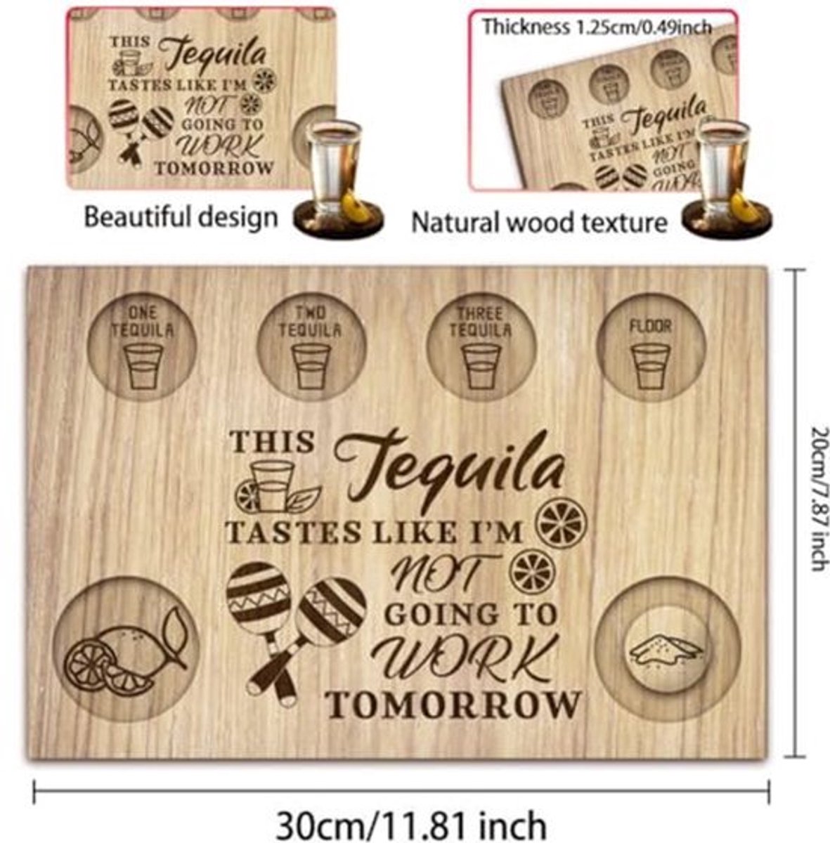 Mexicaanse Zandhamer Tequila Shotglazen Dienblad - Houten Houder met Zoutrand - 20x30cm