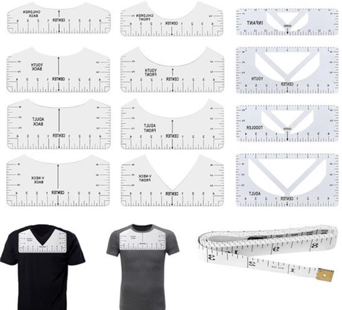 Naailiniaalset met 12 stuks T-shirt-uitlijningsgereedschappen sjabloonliniaal – PVC-materiaal naai-accessoires in wit en transparant