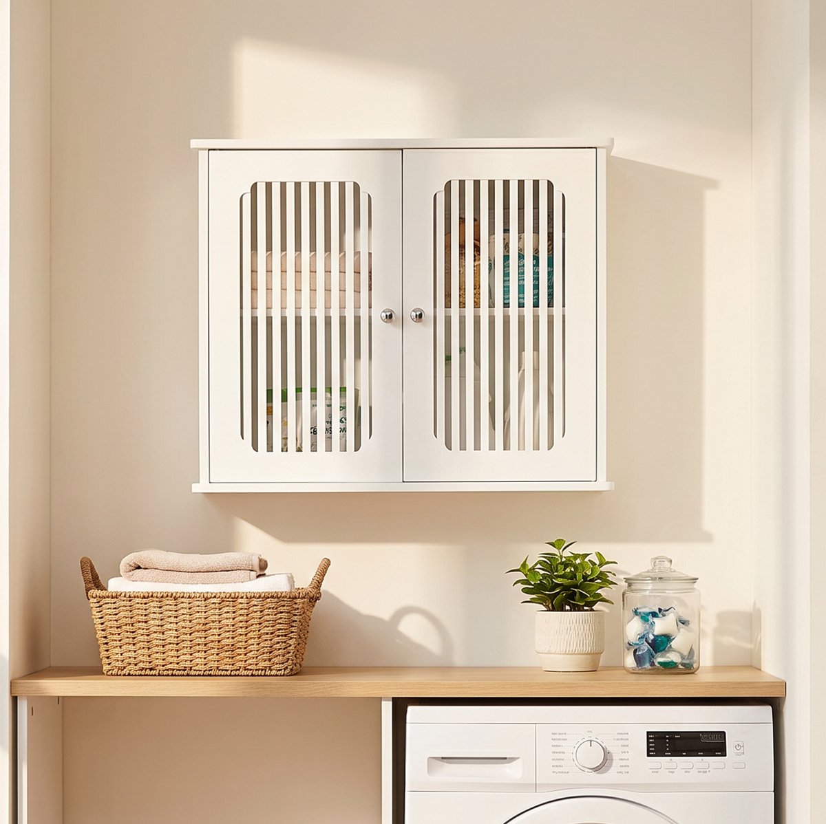 OKWISH Badkamerkast - Wandkast Met Dubbele Deur En Lamellenfront - Ruimtebesparend Voor Badkamer Of Hal - MDF Wit - 60 x 20 x 52 cm