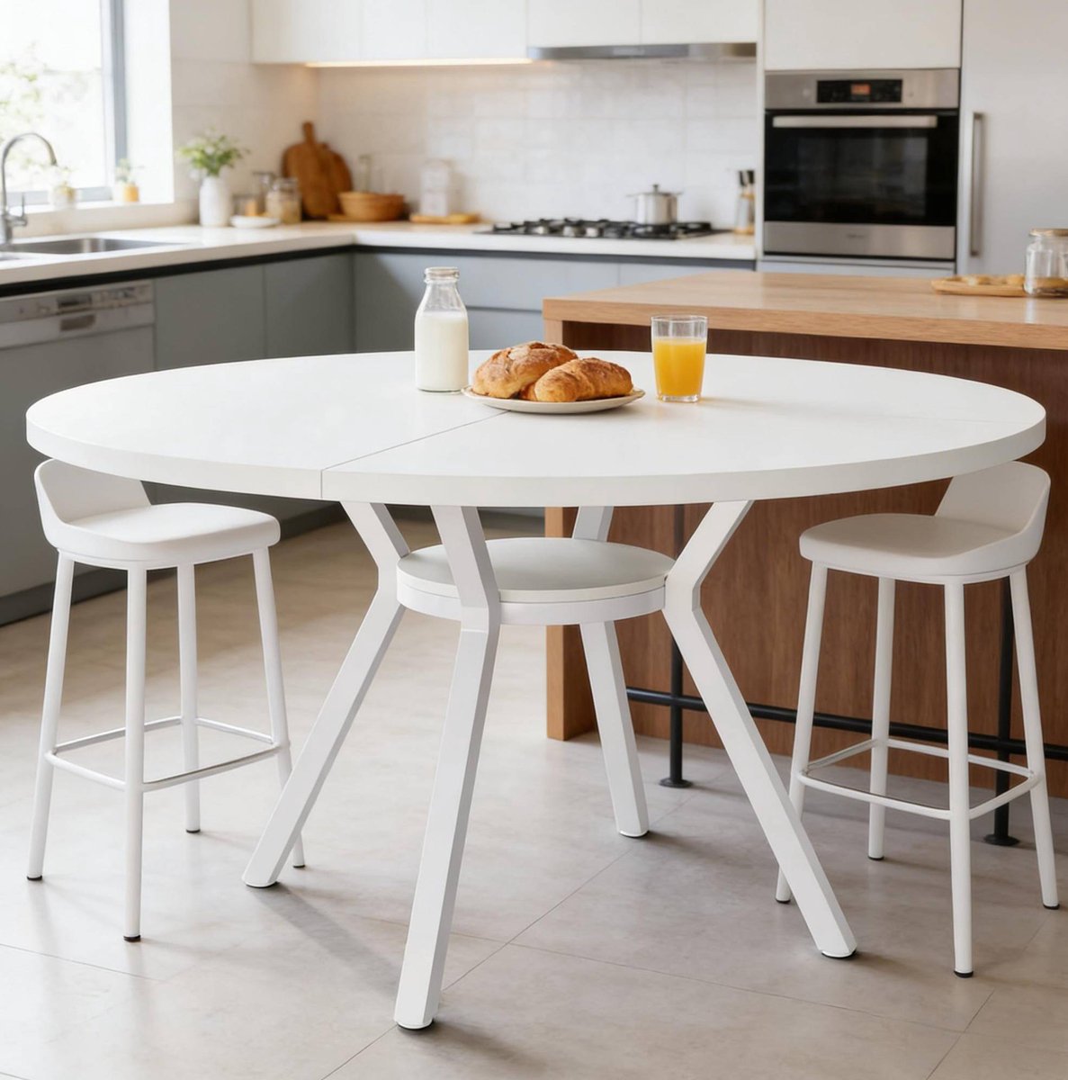 MODENUIT Eettafel - Ronde Tafel Met Metalen Frame - Voor Woonkamer Keuken En Café - Hout - Wit - 120 Cm