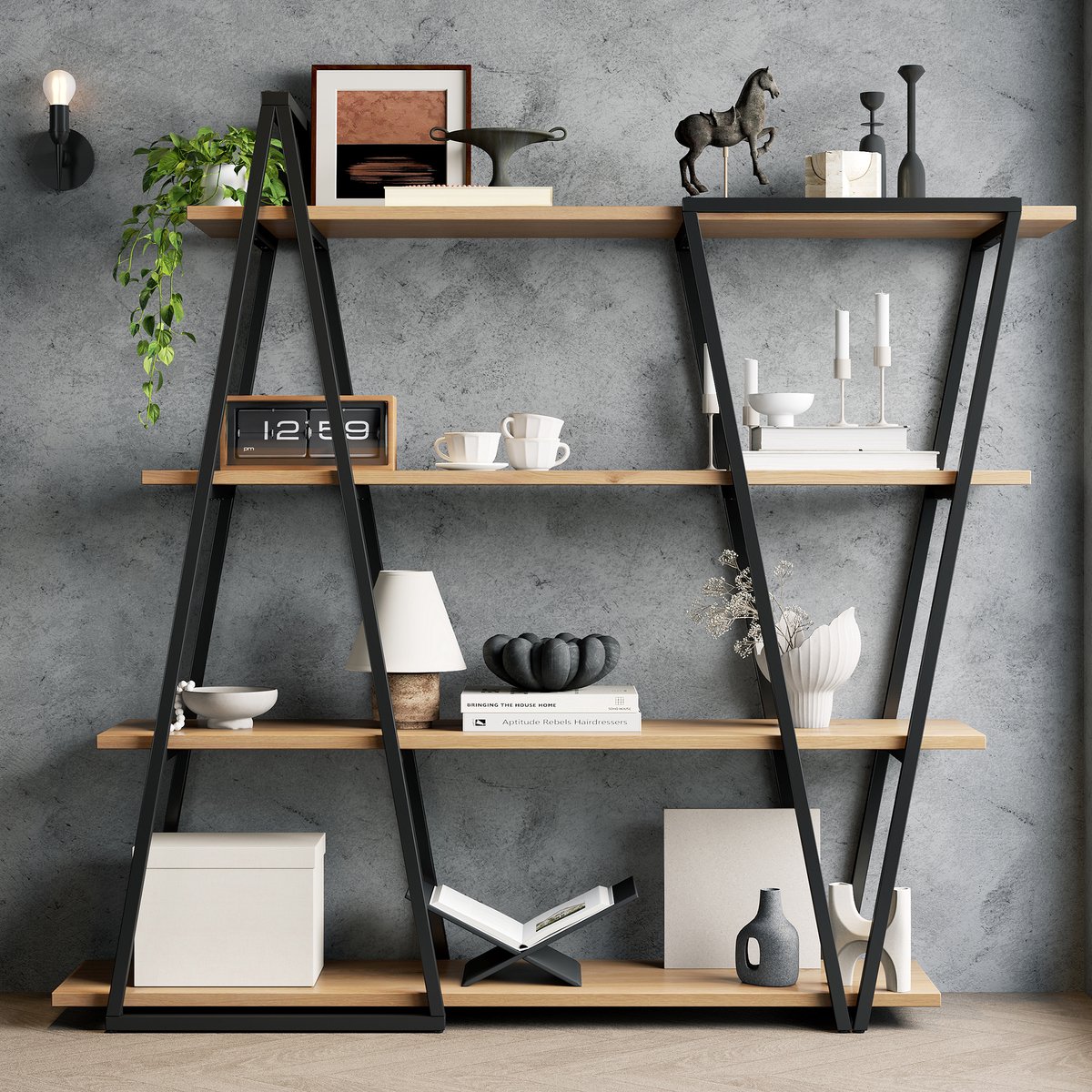 Open Boekenkast – Geometrisch Design – 158 X 35 X 166 Cm – MDF En Ijzer – Zwart Bruin – Voor Woonkamer, Keuken En Werkkamer
