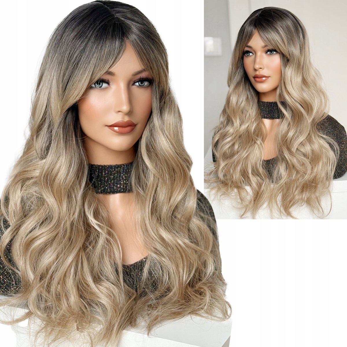 Merkloze lange synthetische pruik Ombre bruin koel blond golf
