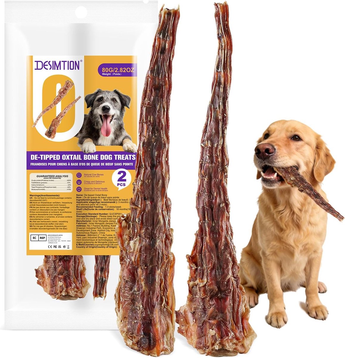2pcs Grass Fed Beef Tail Bones for Dogs, Crispy Dental Treats, Single Ingredient,Without Raw Skin,Natural Dental - ShopVlot