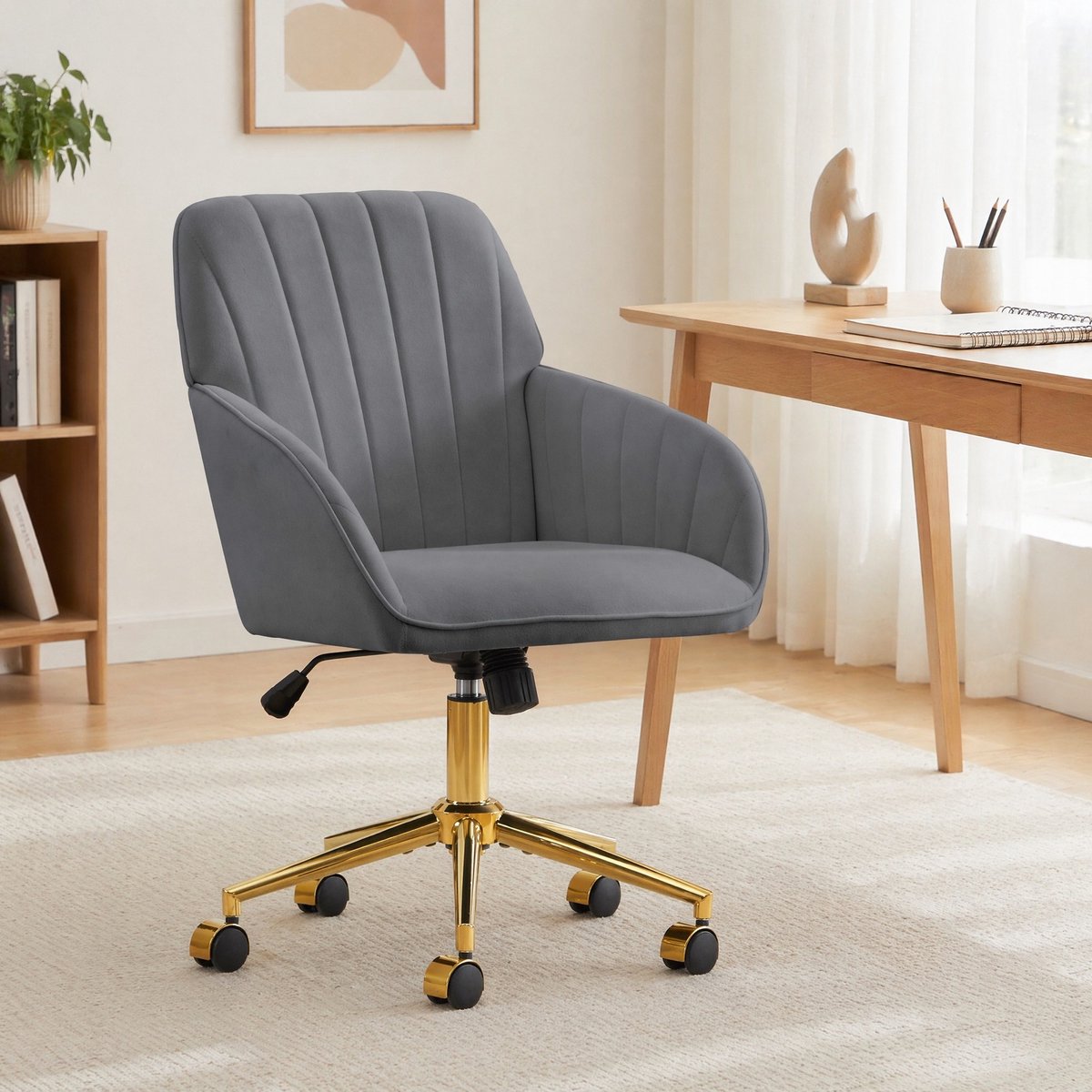 COVREO Bureaustoel 57x29x52 cm grijs, velvet met armleuningen en wielen