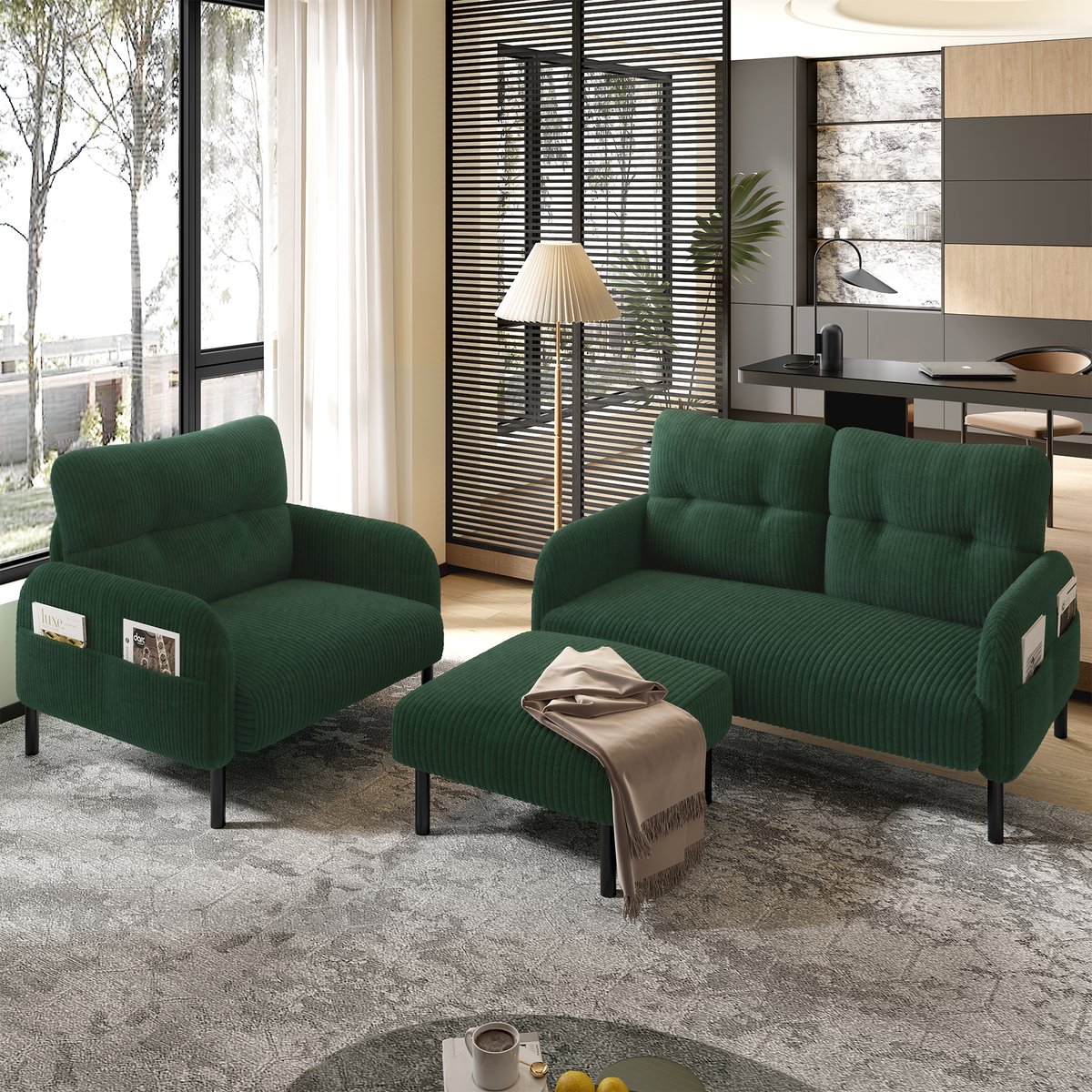 MEUNIQ 3-delige bankset met 2-zitsbank, fauteuil en poef van corduroy, met zijvak, metalen frame en zachte rugleuning voor woonkamer of slaapkamer in groen