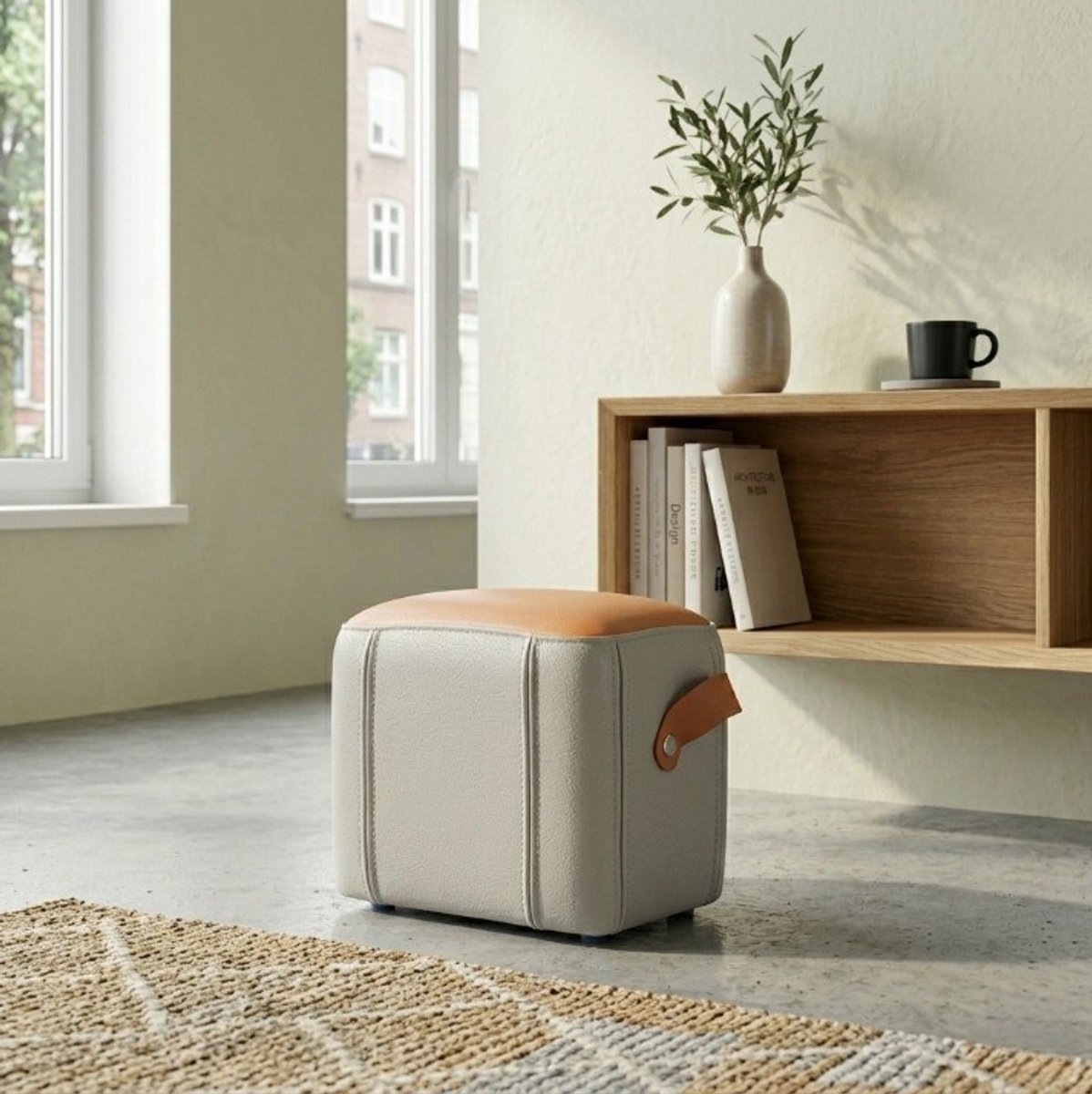 DESMIU Poef – Met Handgreep En Gepolsterde Zitting – 38 x 38,5 x 34 cm – Kunstleer – Grijs – Voetenbank Voor Woonkamer En Slaapkamer
