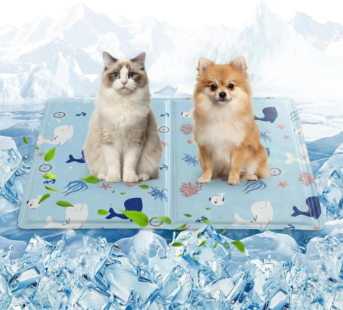 Koelmat voor honden, 50 x 65 cm, koelmat voor honden, kat, huisdier, ijsmat, zelfkoelend, met niet-giftige gel, zelfkoelende waterdichte hondenmat voor binnen en buiten, zeemotief