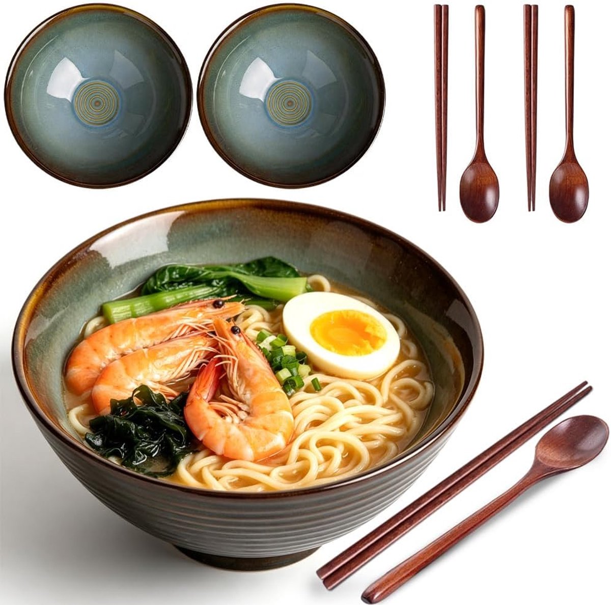 Lot van 2 keramische ramen-kommen, 1200 ml, met stokjes en lepels, grote soepkom, soep, noedels, fruitsalade (retro turquoise)