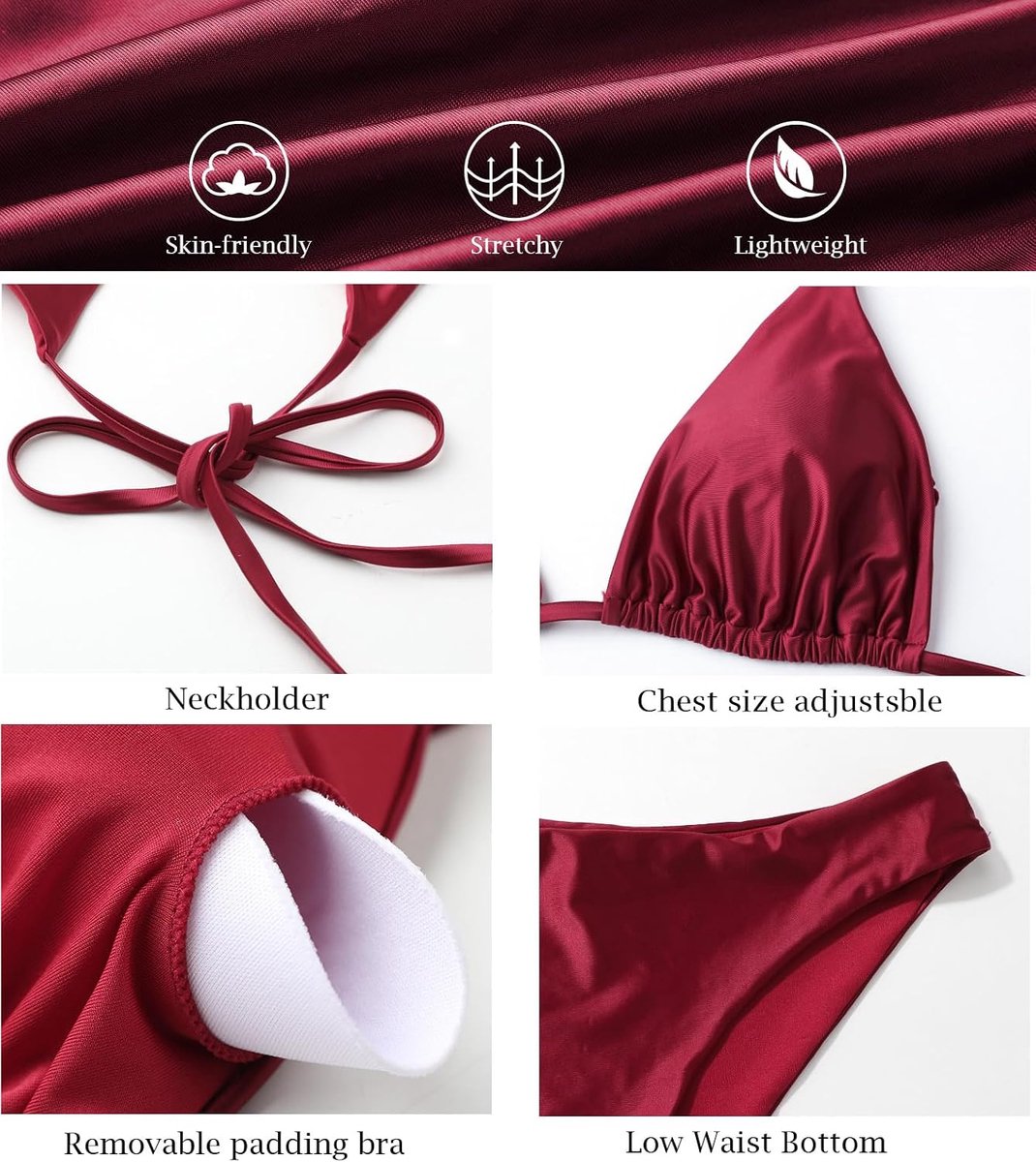 Bikiniset voor dames, driehoekig, haltertop, lage taille, bikini, badmode, fijne, zachte olieglanzende stof met cups, tweedelig badpak