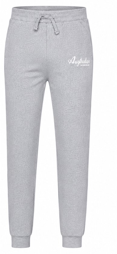 Grijze joggingbroek met subtiel patroon en 'Australian Homewear' opdruk.
