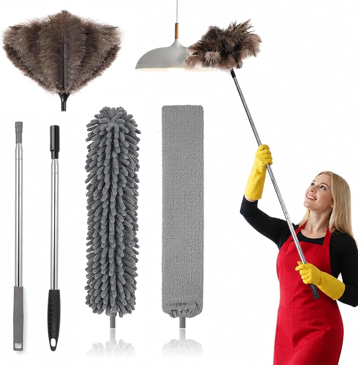 struisvogelveren, stofdoek, telescopisch, wasbaar, uittrekbaar tot 125 cm, voor plafonds en gevoelige oppervlakken