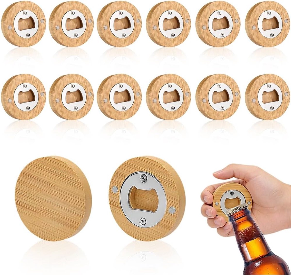 Flesopeners hout, ronde bieropener van roestvrij staal met magneet, flesopener gepersonaliseerd, robuust en duurzaam, cadeaus voor hem, echtgenoot, vriend, vader, opa (6,5 cm diameter)