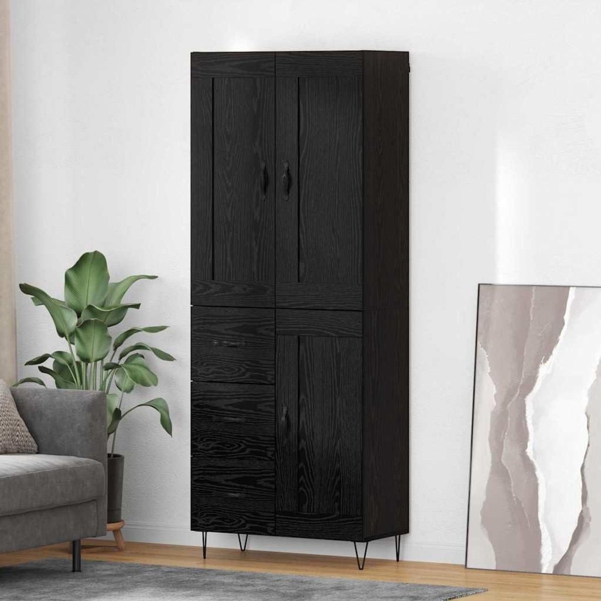 Hoge Kast - Buffetkast Woonkamer - Servies Opbergen - Eikenlook Design - 180 cm Hoog - Zwart