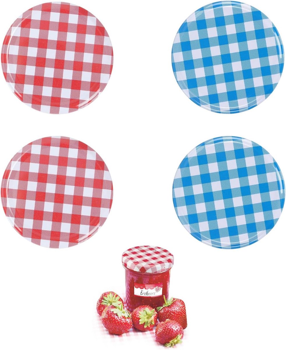 Deksels van metaal, reservedeksels voor glazen en voorraaddozen (rood, blauw).