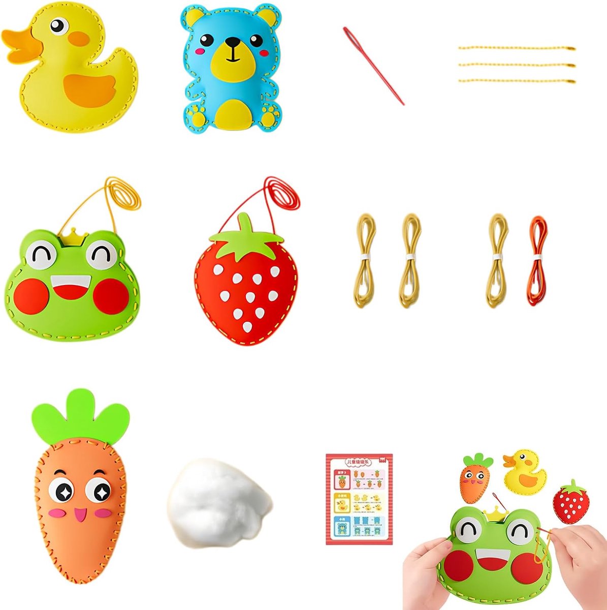 Naaikit met dier- en fruitmotieven, vilt set voor handwerk, materiaalpakket voor creatieve naaiprojecten, compact knutselpakket voor hobbyisten