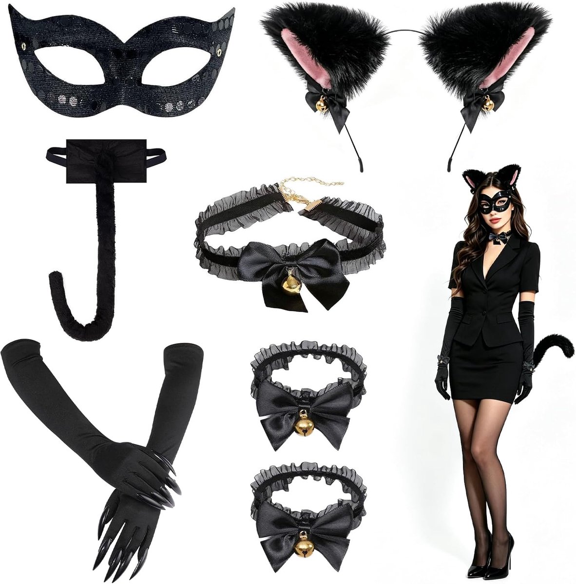 7-delig kattenkostuum voor dames, cosplay-set met kattenoren | Kattenaccessoires met staart, handschoenen, masker en halsband voor Halloween, carnaval en themafeesten