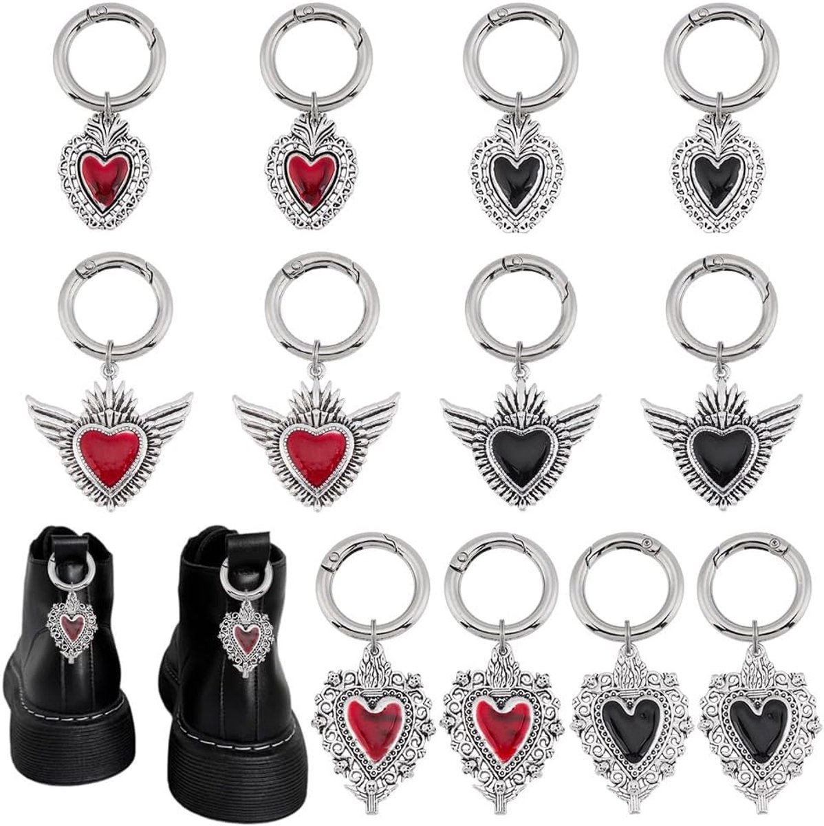 12 Stuks 6 Stijlen Gothic Heilig Hart Boot Schoen Charms 55-63mm Hart Boot Charms Liefde Schoen Decoratie Legering Hart Schoen Charms met Lente Ring voor Laarzen Decoratie