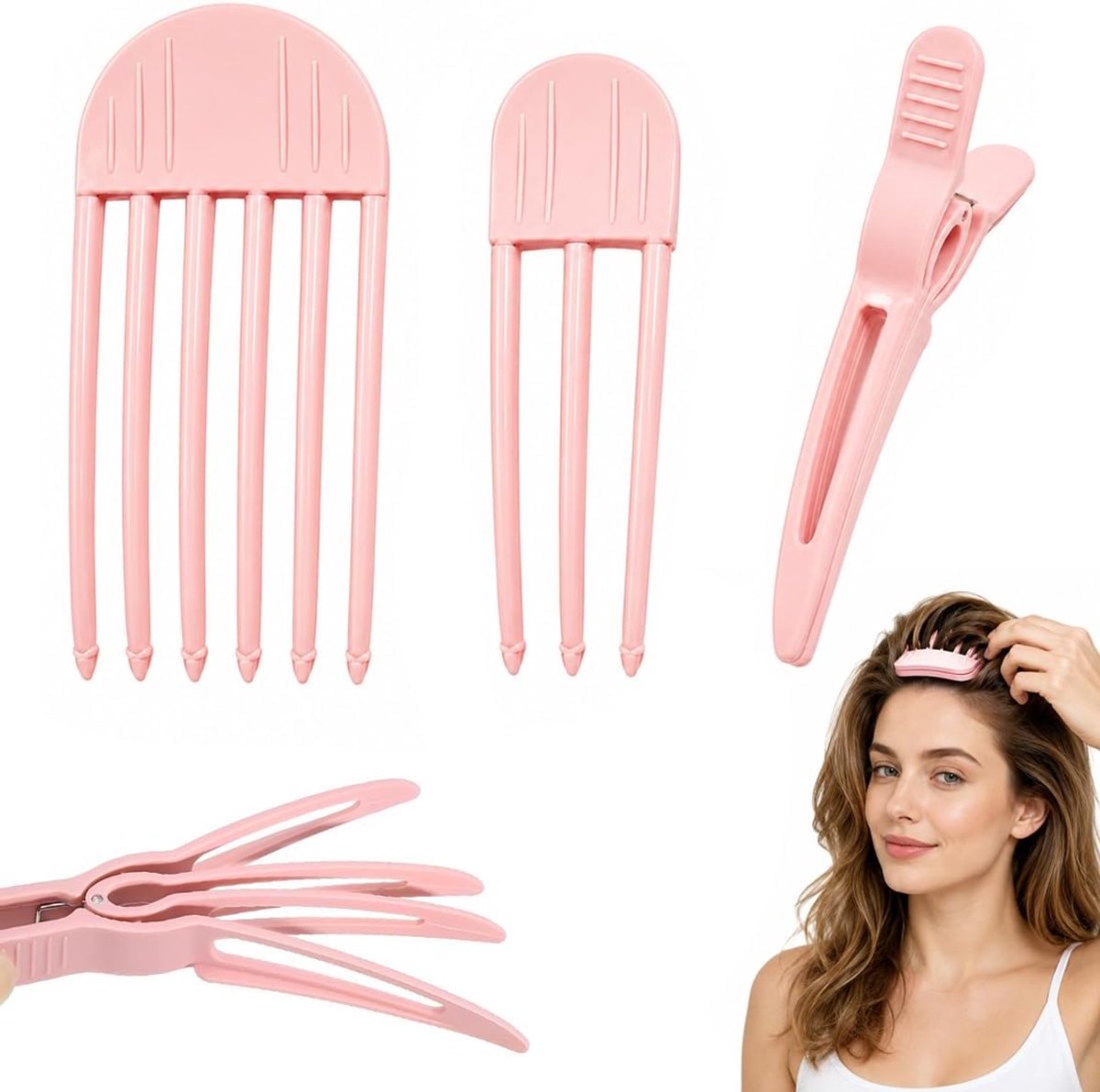 Set van 3 volumekammen met 3 tanden, volumekam, 6 tanden volumekam, wortellifter-clip, roze, voor volume en structuur in het haar