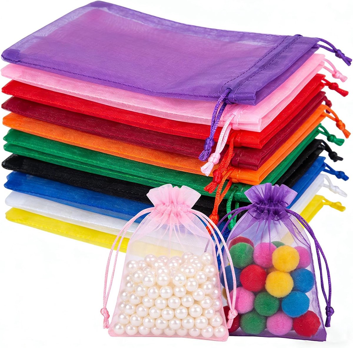100 stuks zakjes 10 x 15 cm, kleurrijke organzazakjes om te vullen, met trekkoord voor bruiloft en festivalfeest, sieradenzakje, babyshower, Kerstmis, verjaardagsfeestje
