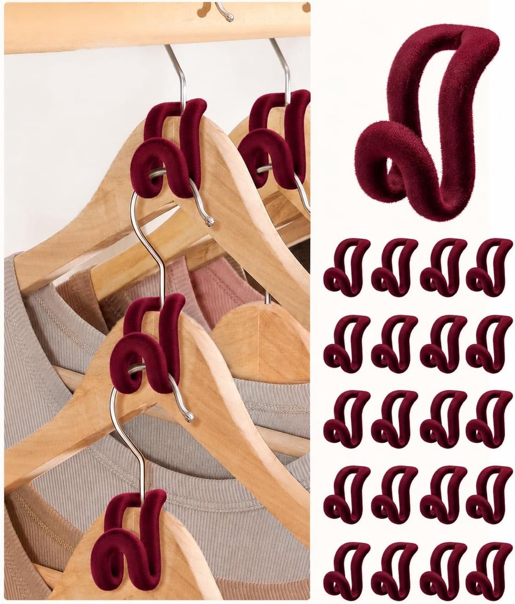 20 Stuks Kledinghanger Verbindingshaken Met Antislip Fluwelen Coating - Aanvulling Voor Fluwelen Hangers, Met Fluweel Beklede Verlenghaken, Ruimtebesparend (Rode