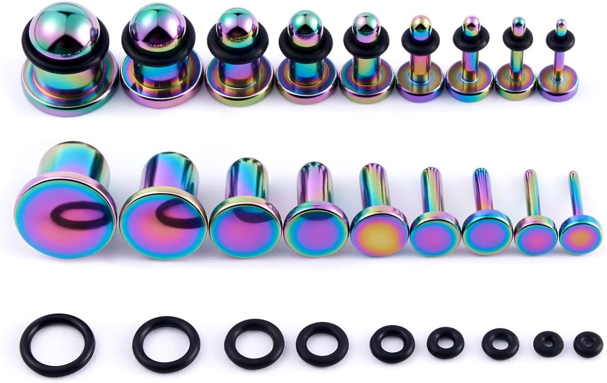 9 paar piercings oorplugs stretching kit van roestvrij staal punk stretchstaafjes oorsieraden oor tunnel enkele flare gauges met O-ringen 14G - 00G voor dames heren