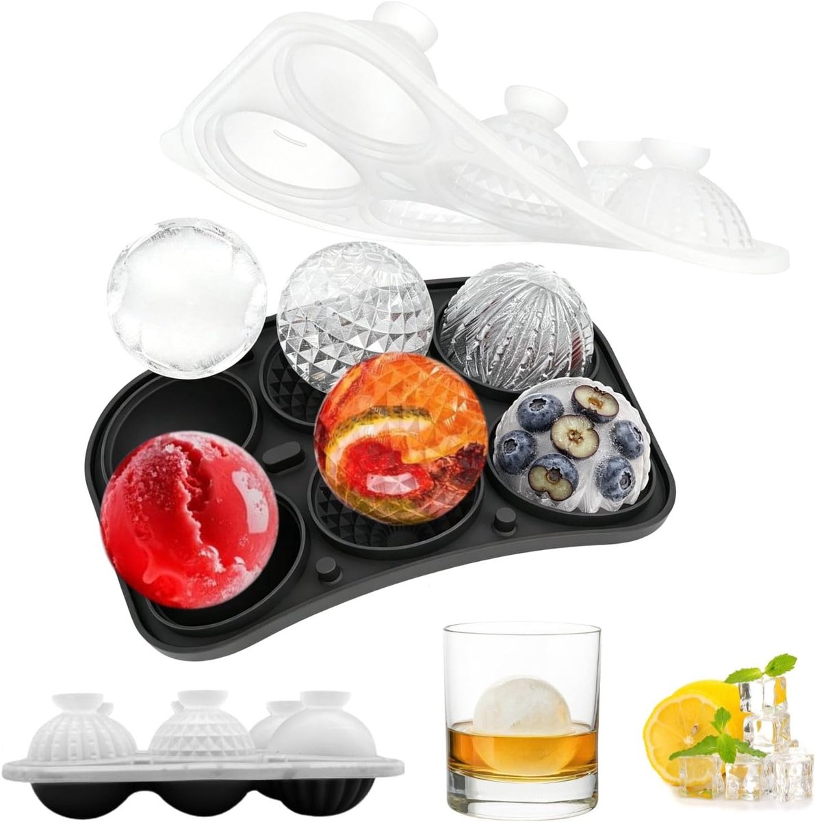 3D-ijsblokjesvorm van siliconen met deksel, 5 cm grote ijsblokjesvorm, rond, van siliconen, 3 verschillende vormen, voor whisky, cocktail, sap, koffie, ijs (zwart, 5 cm ijshockey)