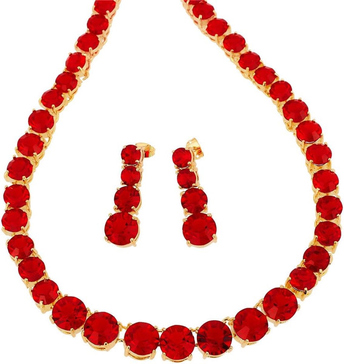 Sieradenset met 50cm(19") Halsketting & Dangle Oorbellen Ronde Gesneden Edelstenen Zirkonia CZ [Meerkleurig beschikbaar] in 18K Geelgoud Verguld, Eenvoudige Moderne Elegantie