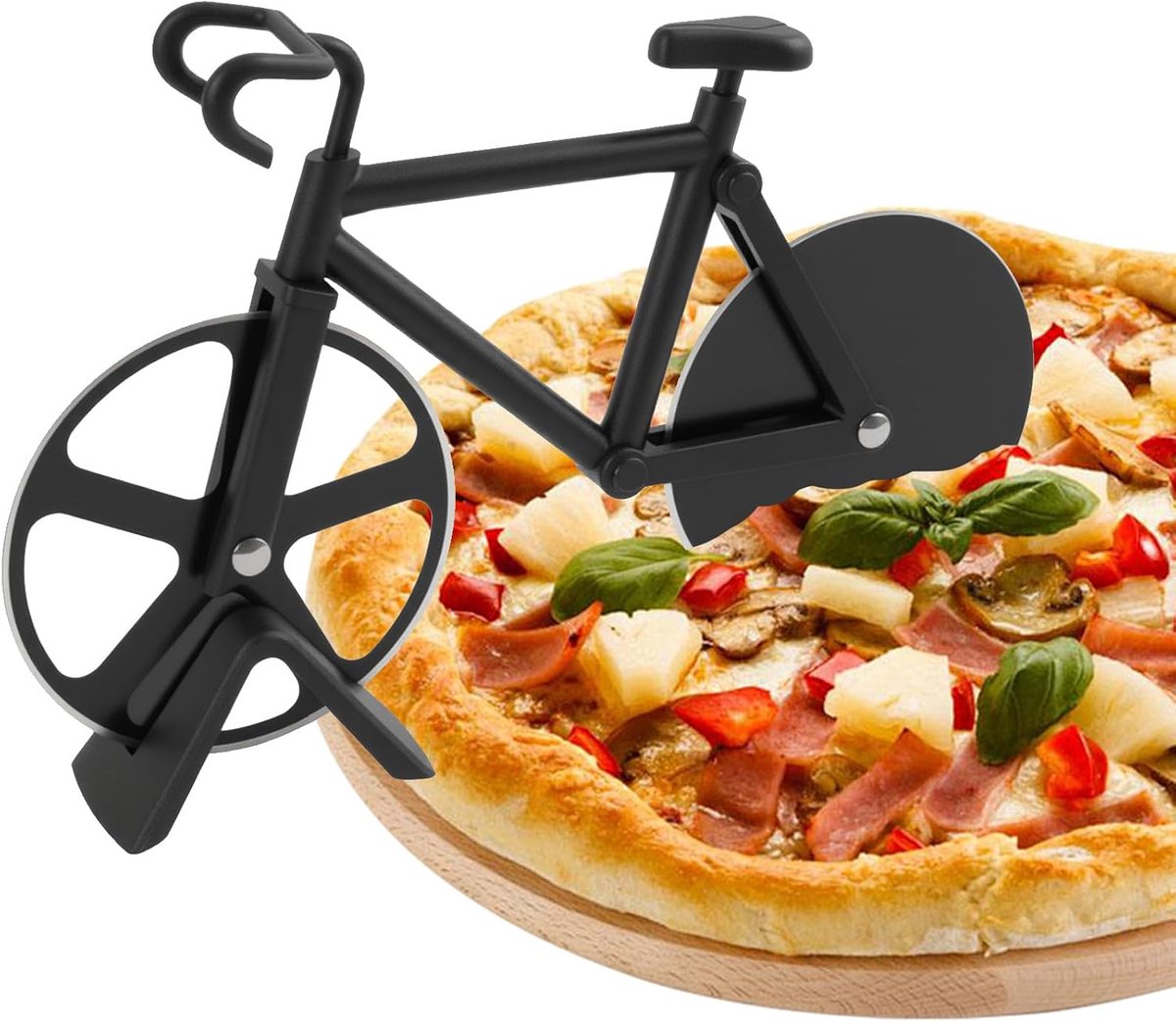 pizzasnijder, grappige pizzasnijder met dubbel snijwiel en standaard, anti-aanbaklaag fiets pizza snijder als keukengadget en cadeau voor pizzabosten
