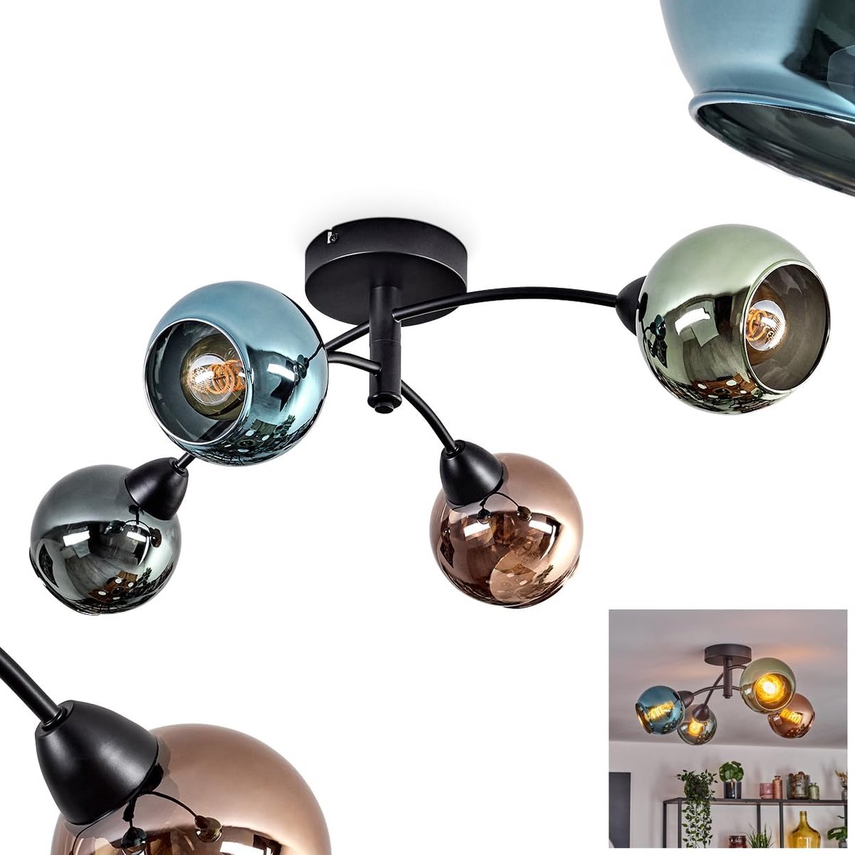 Plafondlamp, plafondlamp van metaal/glas in zwart/groen/koper/blauw/turquoise, armatuur in modern vintage/retro design met glazen kap (Ø 13 cm), 4 x E27, zonder gloeilampen