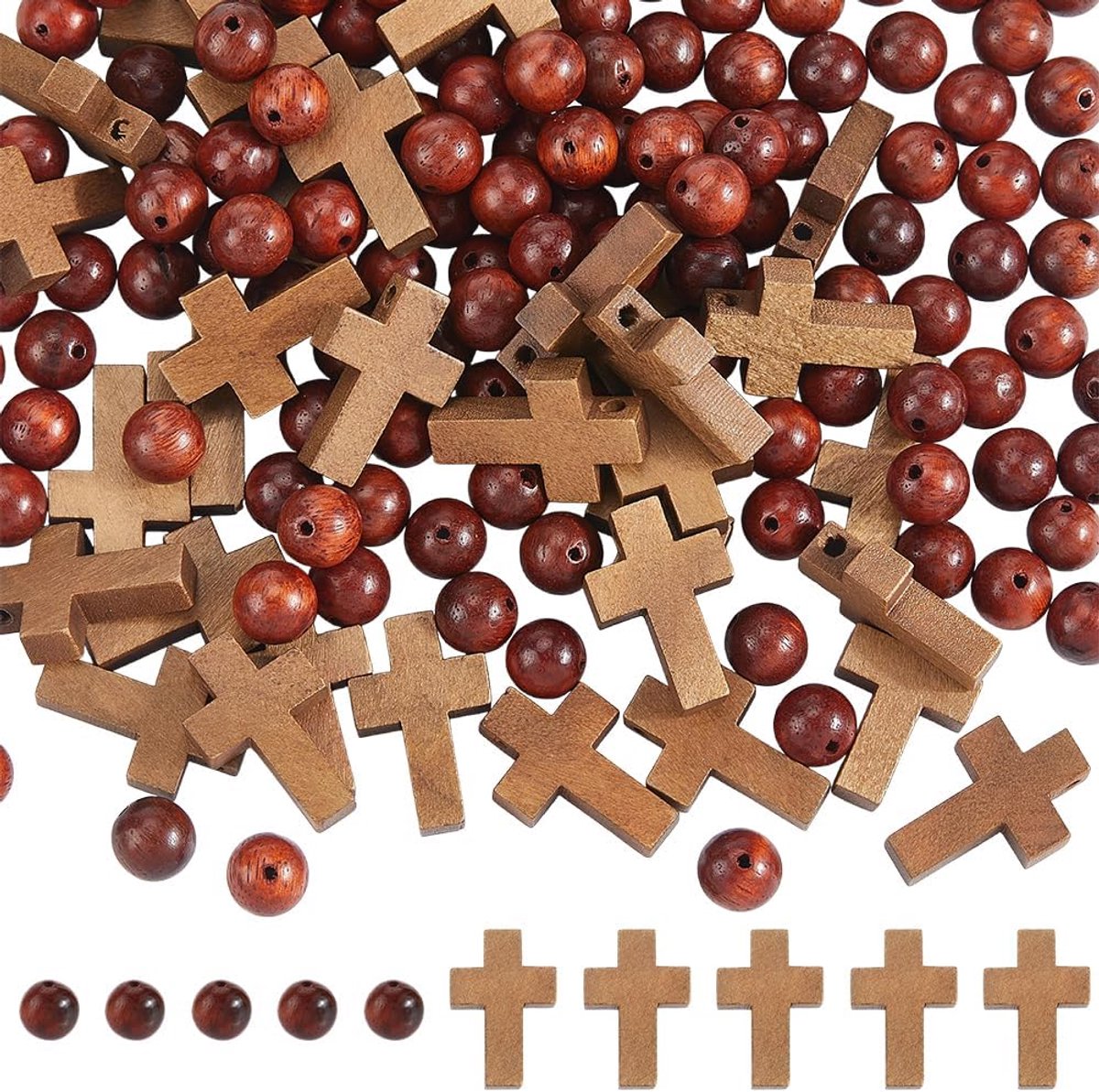 1 doos met 200 stuks losse houten kruiskralen van hout voor rozenkrans 8 mm ronde bruine afstandhouders mini crucifix hangers set kralen voor rozenkrans leveringen voor de