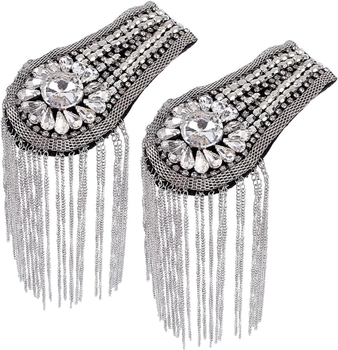 2 stuks Zilveren franje Strass schouder epauletten Glitter kwastjes Kettingen Druppelvormige applicaties Met speld Glitter Vintage Decoratieve badge voor dameskleding Accessoires Bruidsjurke