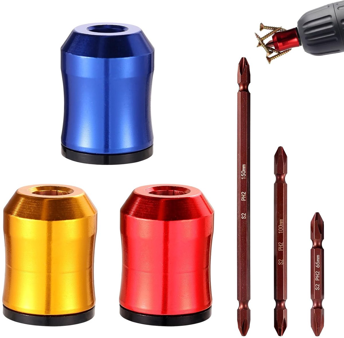 3st Schroevendraaierkop Magnetische Schroefringen & 3 st PH2 Dubbelzijdige Schroevendraaierbits, Verwijderbare Magnetische Schroefhouder Set voor Boormachine Slagschroevendraaier