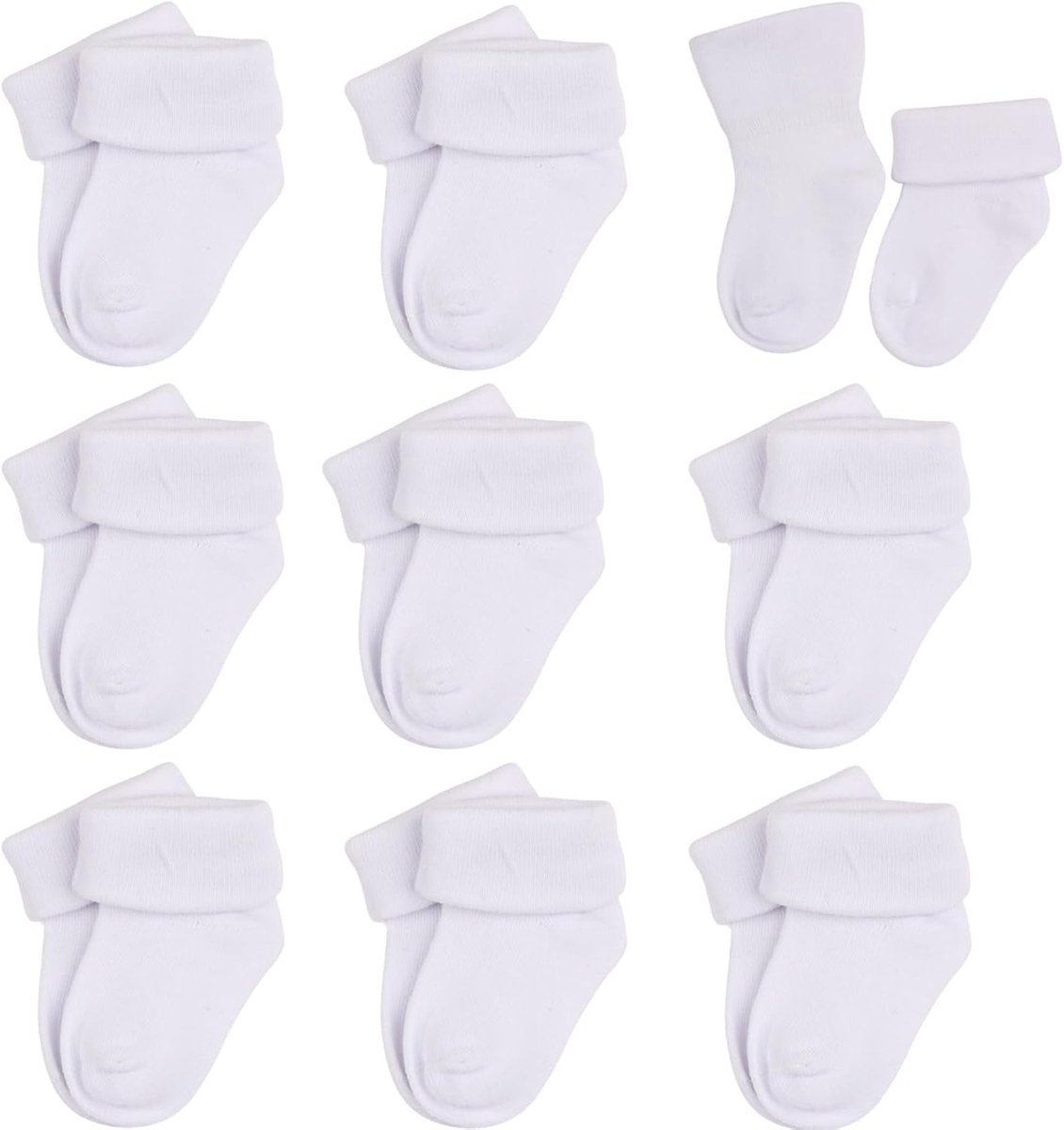 9 paar babysokjes, geschikt voor baby’s van 0-6 maanden, zacht tegen de huid, middelmatig dik, eenvoudig en veelzijdig, geschikt voor alle seizoenen, wit