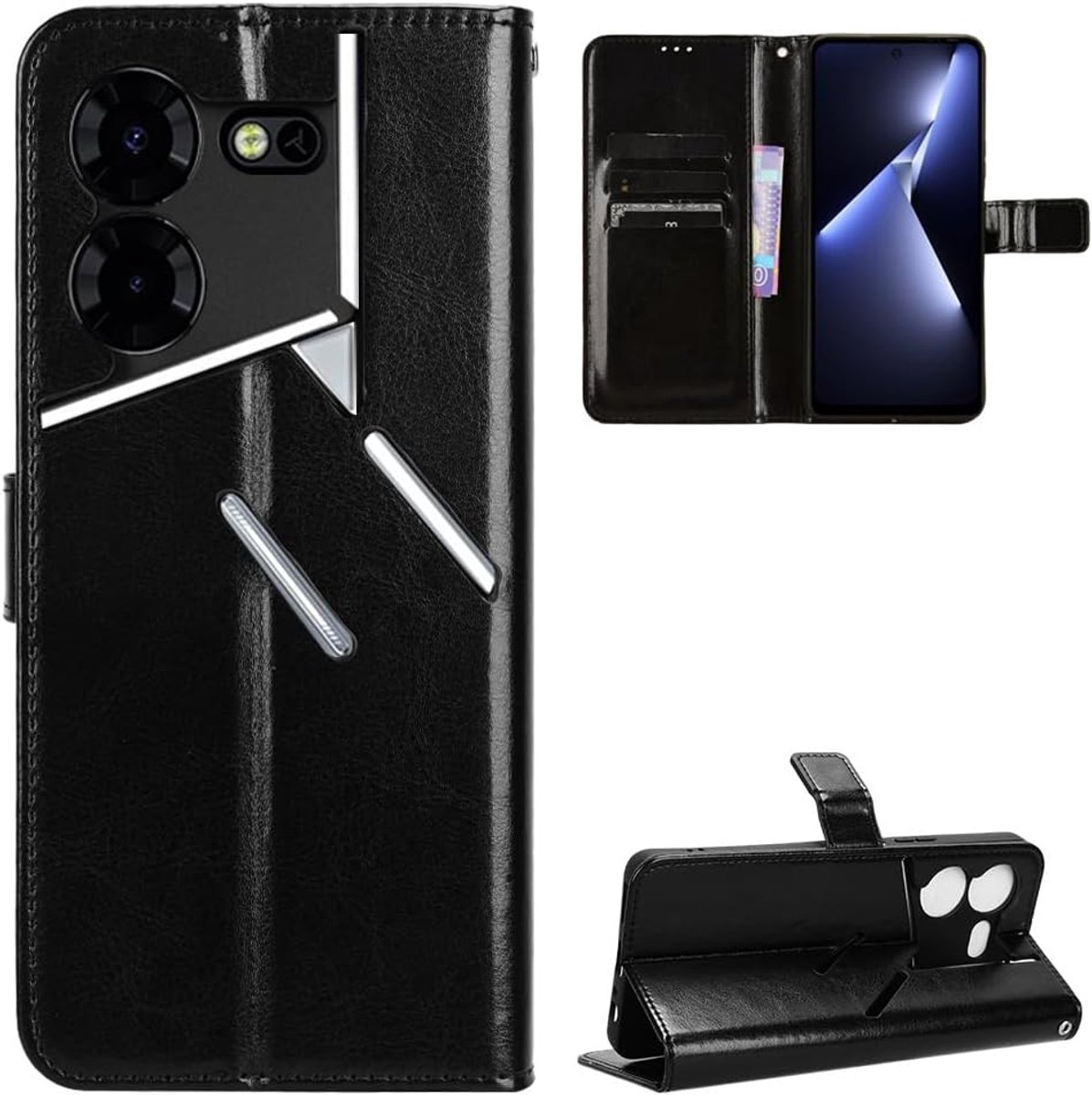 Pova 5 Pro-behuizing [Wallet Case] [Bracket-functie] [Kaartsleuven] [Magnetische klep] Compatibel met Tecno Pova 5 Pro-smartphone, Zwart