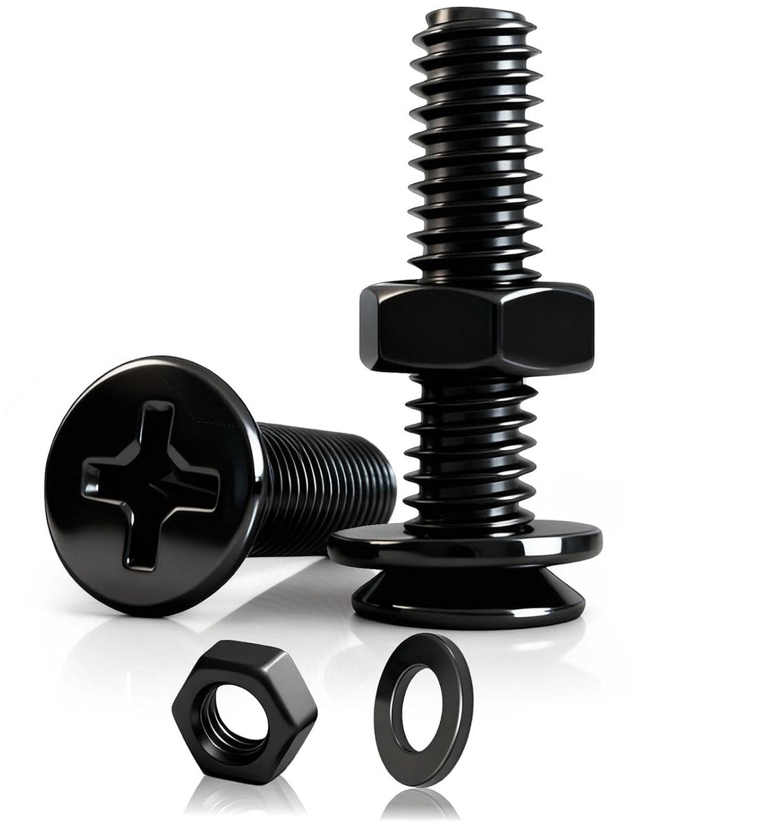 M2, 60 stuks, M2 x 20 mm, verzonken kopschroeven, plat, met moeren en sluitringen, zwart, koolstofstaal voor meubels en machines