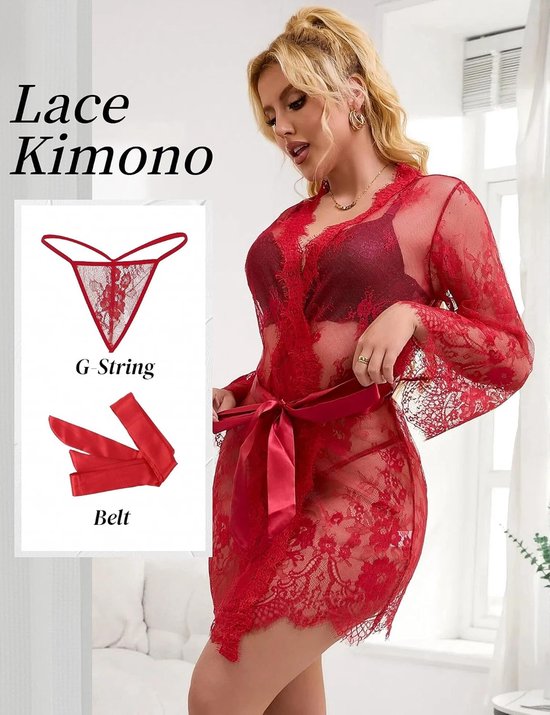 Ohmydear Dames ochtendjas kimono korte robe sexy kanten nachtkleding vrouwen mollige negligé lingerie curvy nachtjapon grote maat diepe V-hals nachtjurk met G-string riem zwart XS-S — afbeelding 5