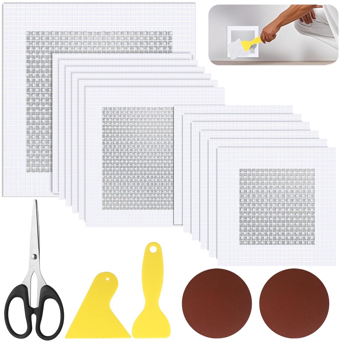 18 Stuks Dry Wall Patch Reparatieset, 5/10/15cm Wandreparatiepatch | 2/4/6 Inch, met Schaar, Muurreparatie Patch, Zelfklevende Aluminium Reparatie, Vullen van Gaten, Boorgaten & Scheuren