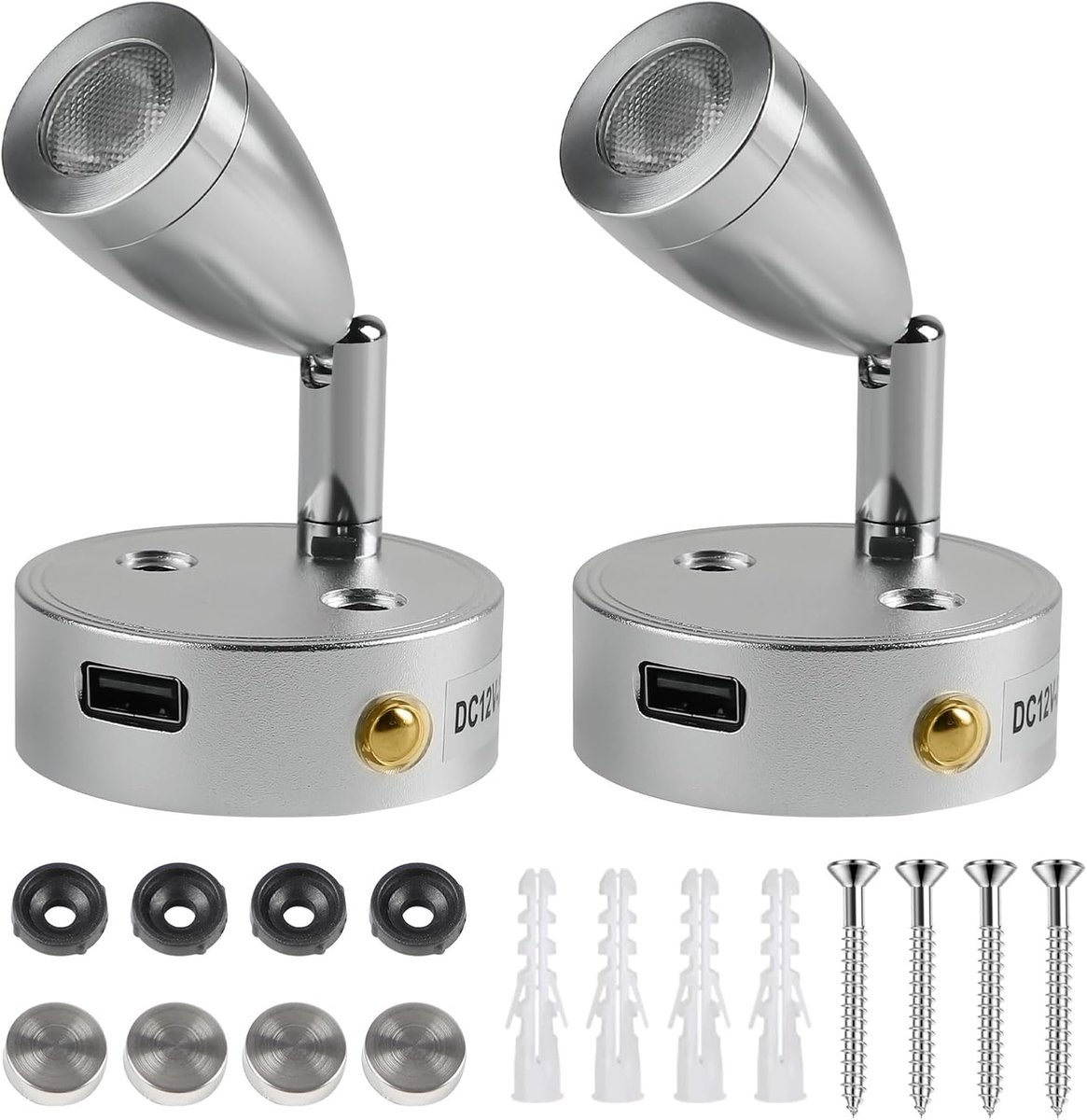 2-delige set 3W 12V LED-lamp voor camper Dimbaar met USB 3-6000k, 12V LED-spot leeslamp voor camper interieur LED-licht met instelbare schakelaar, 180 lm, 59 * 97 mm, zilver