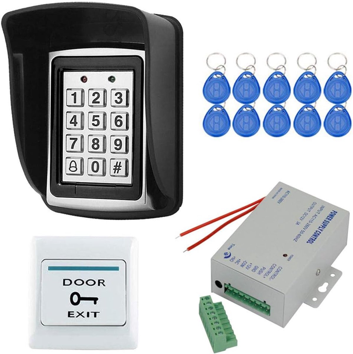 Metalen codeslot deuropener toetsenbord toegangscontrole systeem kit set 125 kHz EM kaartlezer Wiegand 26 + waterdichte regenhoes + voeding + exit-knop + 10 RFID ID sleutelhangers