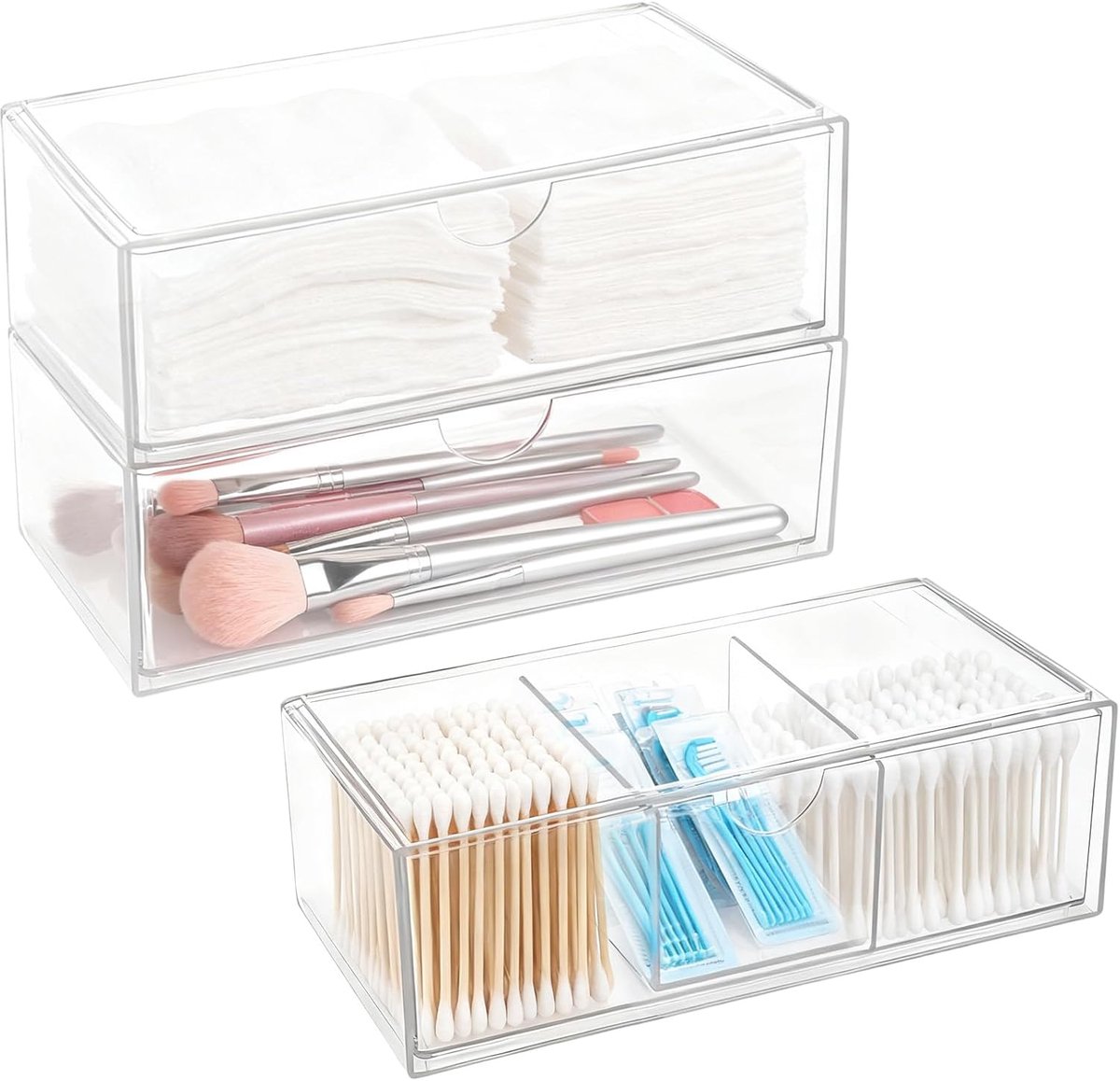 3 stuks make-up-organizer met laden, stapelbare cosmetica-organizer, transparant, opbergdoos met 3 vakken voor badkamer, bureau, make-uptafel, slaapkamer en kantoor