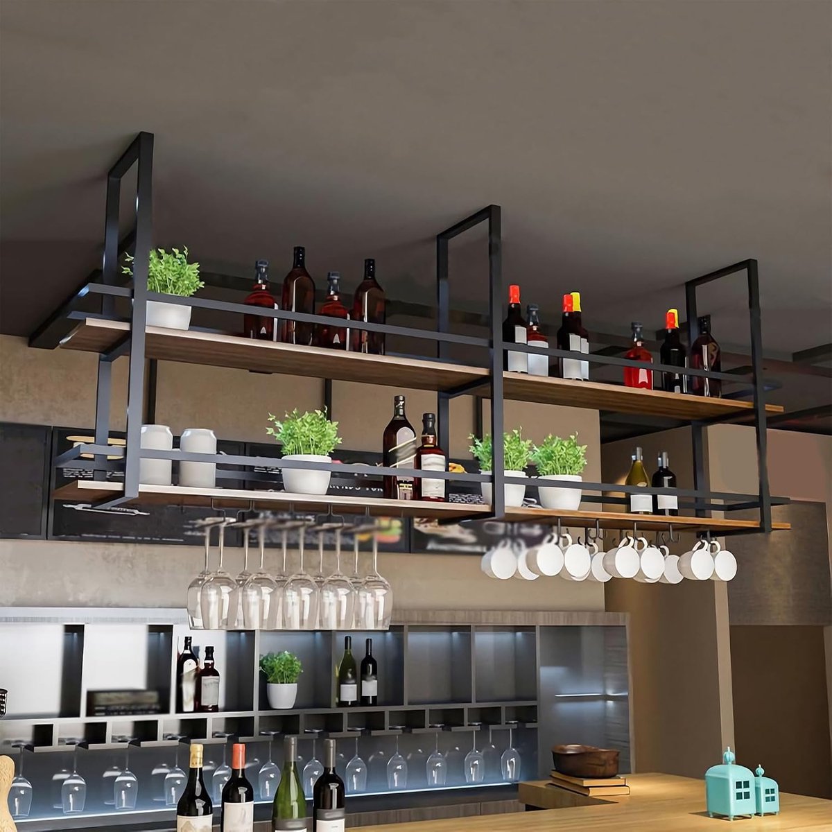 Wijnrek met glashouder, zwevend hangrek, 2-laags, industriële hangende wijnflessenhouder, zwart metalen plafondrek voor bar, café, keuken, zwart (Black, 100x30x80cm)