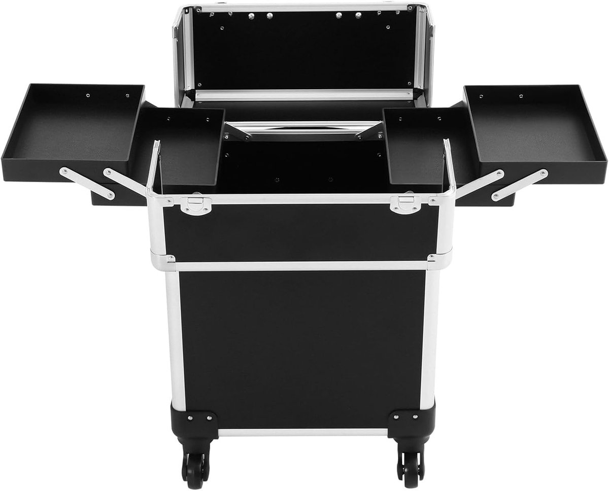 Professionele aluminium make-upkoffer met wieltjes, telescopische handgreep, trolley cosmeticakoffer voor permanente make-up, tatoeages, kappers en nailart, voor het veilig opbergen van