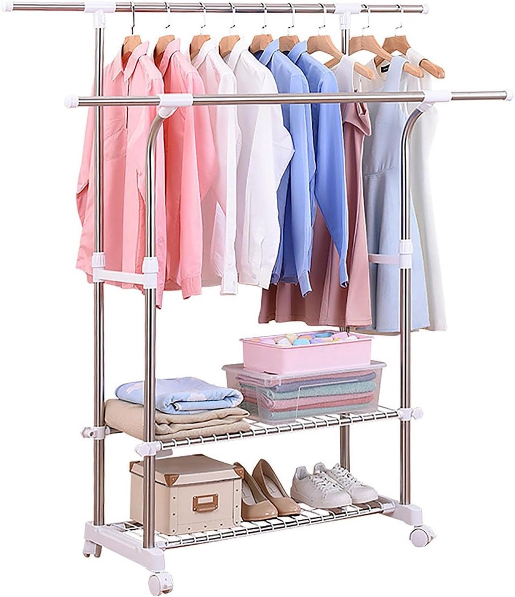Uitbreidbaar Kledingrek - Kledingorganizer Rollend - Kleding Opbergen - Dubbele Stang Met Wielen - Uitschuifbaar - Zwart