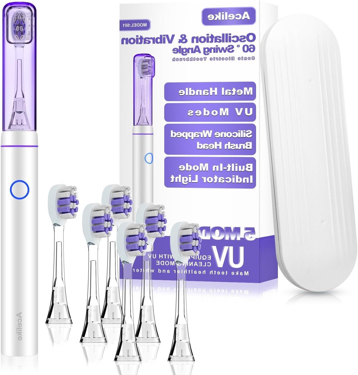 Elektrische Tandenborstel - Sonische Tandenborstel - Mondhygiëne Verbeteren - UV-reinigingsmodus - 6 Opzetborstels - Metaal