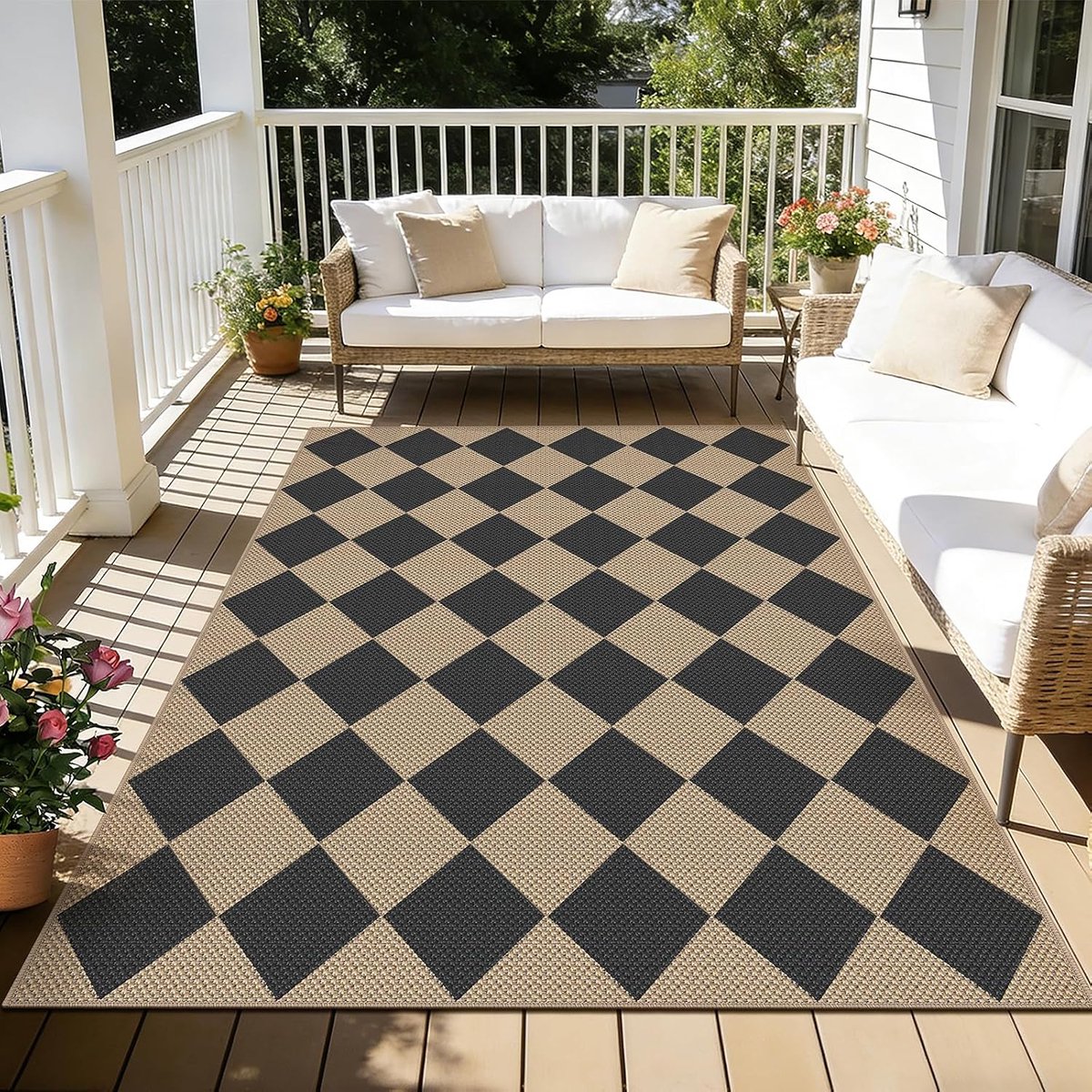 Outdoor tapijt, 120 x 180 cm, jute-look, weerbestendig, antislip, plat weefsel, wasbaar tapijt, robuust keukentapijt voor woonkamer, balkon, terras, keuken, tuin, kleur: zwart geruit