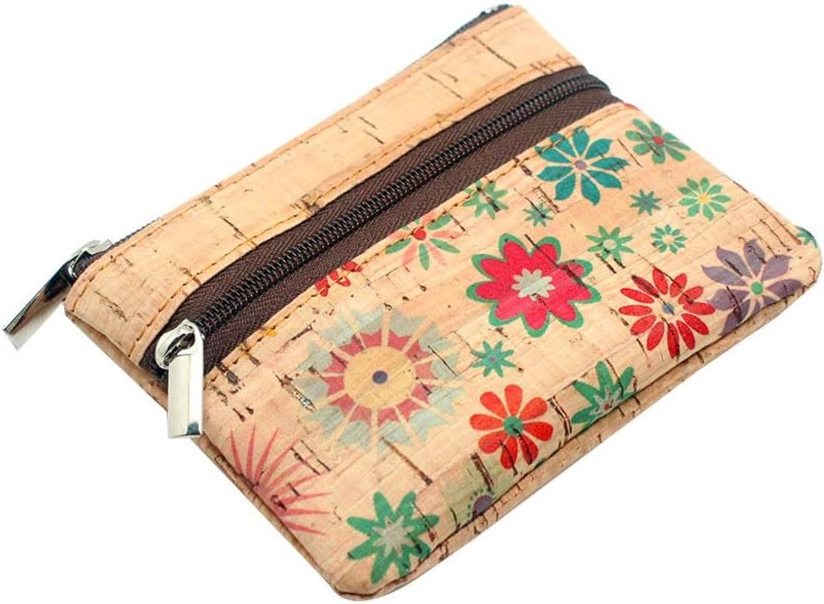 Kurk portemonnee: Eco-vriendelijke veganistische verandering portemonnee houder met sleutelhanger mini rits zakje voor vrouwen, Bloem #a, Munten Pouch