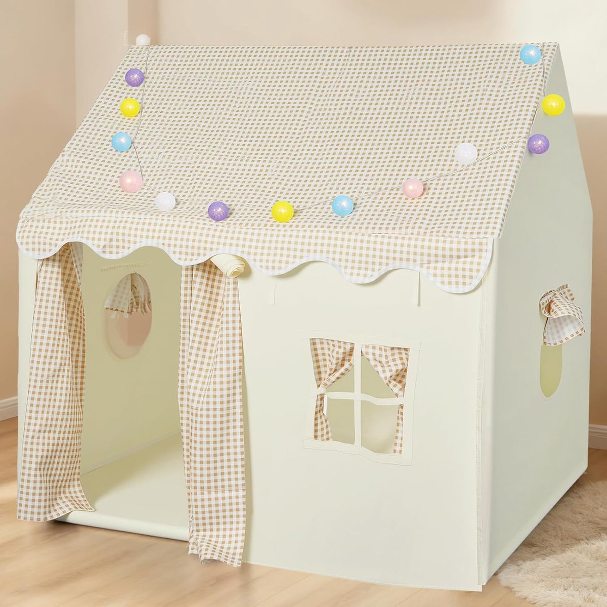 Kindertent met mat en verlichting, eenvoudig te monteren, speeltent, stabiel speelhuis voor binnen, prinsessentent, kinderspeelhuis vanaf 3 jaar