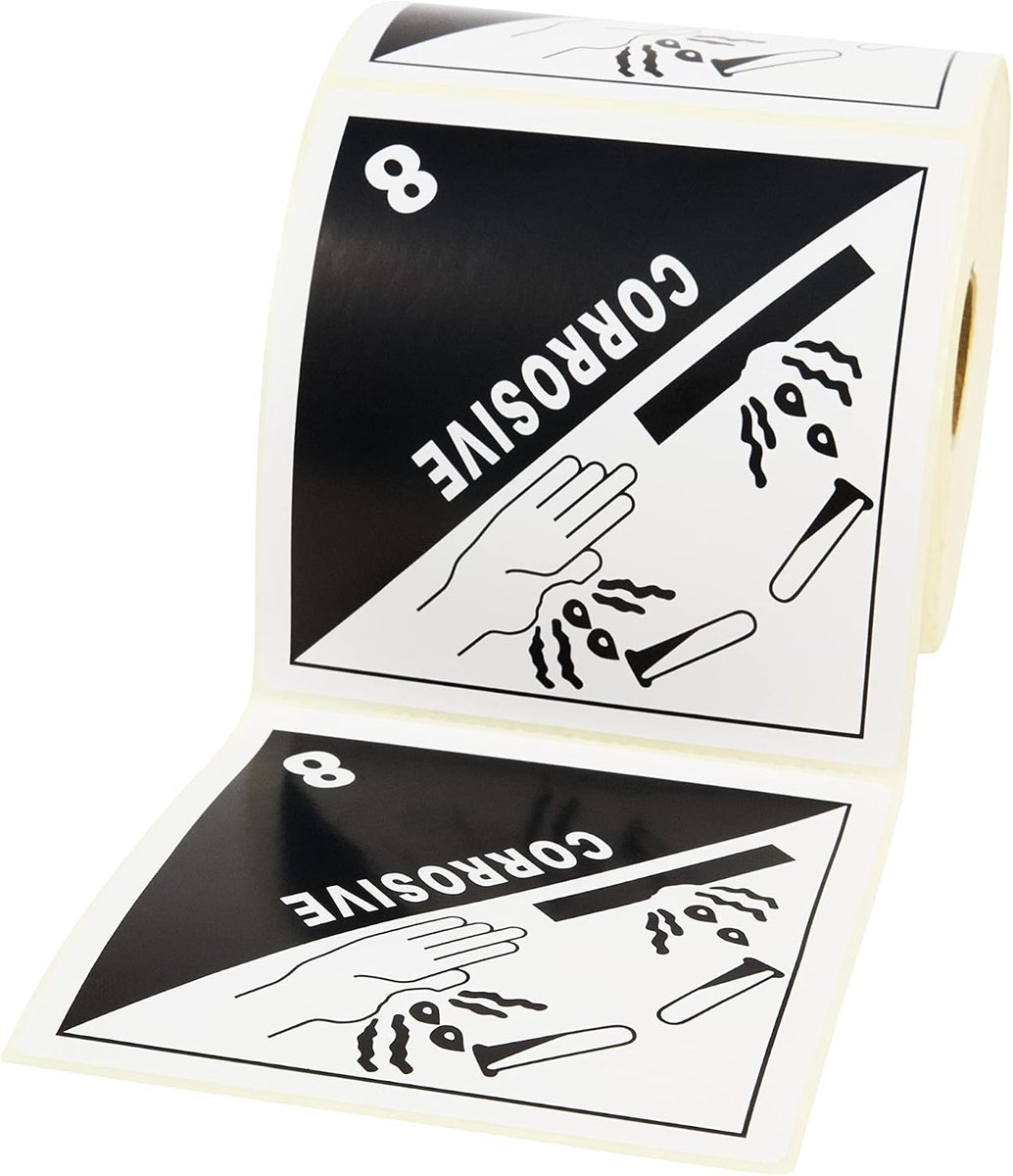 Stickers in wit/zwart, 100 x 100 mm, klasse 8 Bijtende stoffen, 500 etiketten zelfklevend op rol, verzendlabels voor gevaarlijke goederen, zelfklevende etiketten
